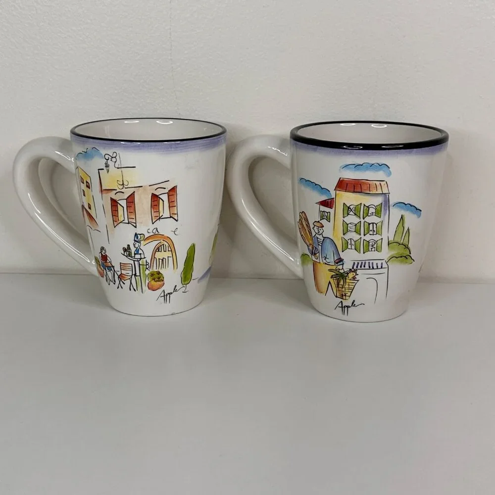 Provence Sakuar Handpainted Earthenware Mugs Signed By Apple Set Of 2
